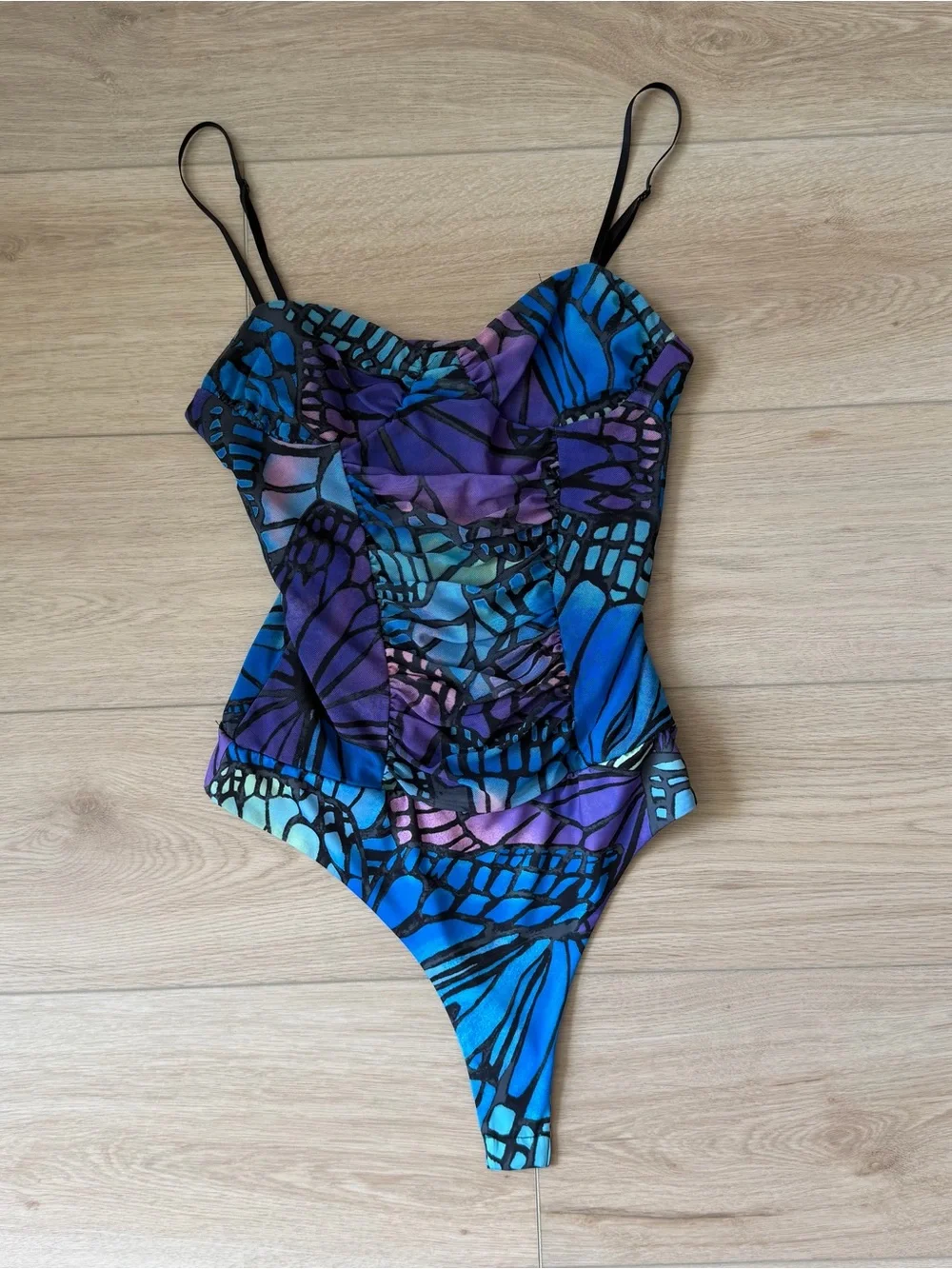 AFRM Vibrant Blue & Purple Butterfly-Print One-Piece Bodysuit